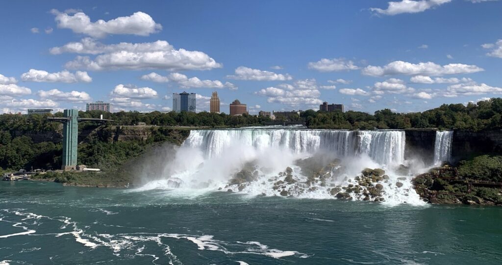 The American Falls and the Prospect Point Observation Tower in Niagara Falls State Park, the first stop for most visitors coming to Niagara Falls from Buffalo NY