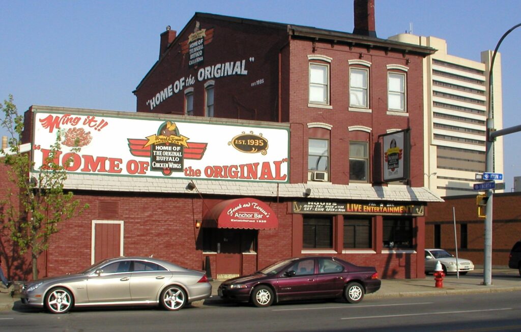The red-brick Anchor Bar on Main Street in Buffalo with its Home of the Original sign