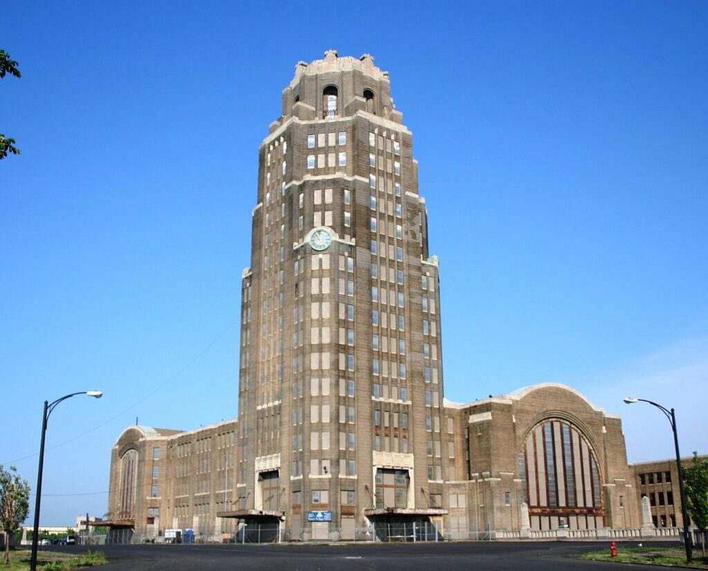 The Art Deco tower of the Buffalo Central Terminal on Buffalo's East Side under a clear blue sky