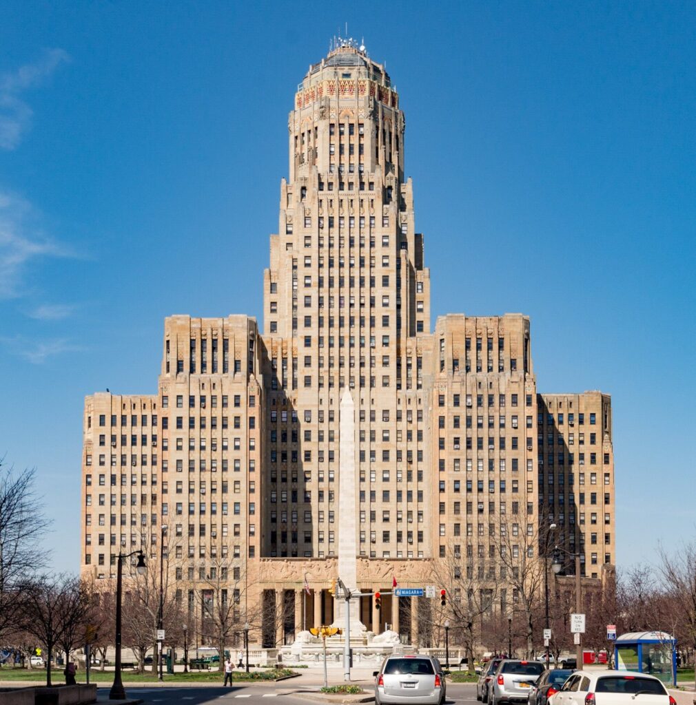Buffalo City Hall's Art Deco tower above Niagara Square and the McKinley Monument