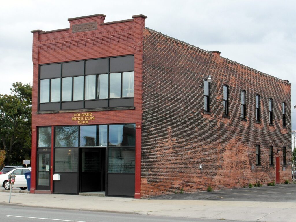 The two-story brick Colored Musicians Club building on Broadway in Buffalo