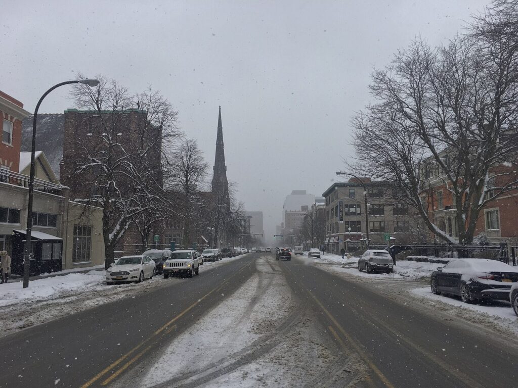 Snow falling over Delaware Avenue in Buffalo, with parked cars, bare trees and a church spire in the distance