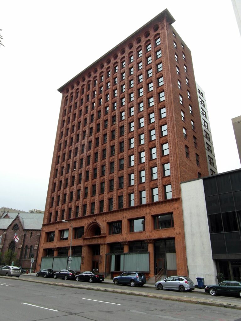 The red terracotta Guaranty Building rising above Church Street in downtown Buffalo
