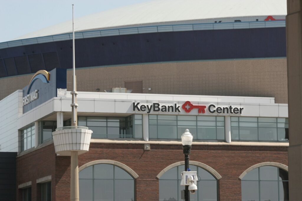 The entrance and glass lobby of the KeyBank Center arena in downtown Buffalo
