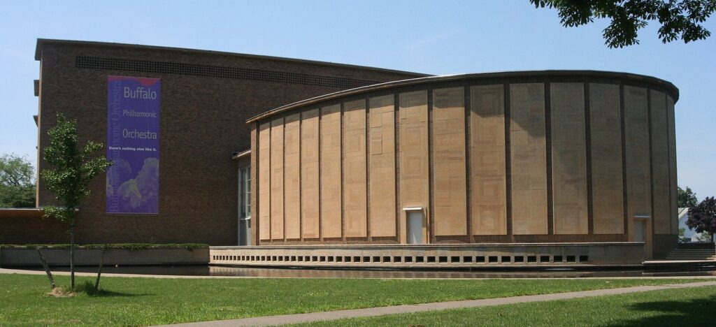 The curved, cream-colored auditorium of Kleinhans Music Hall on Symphony Circle in Buffalo