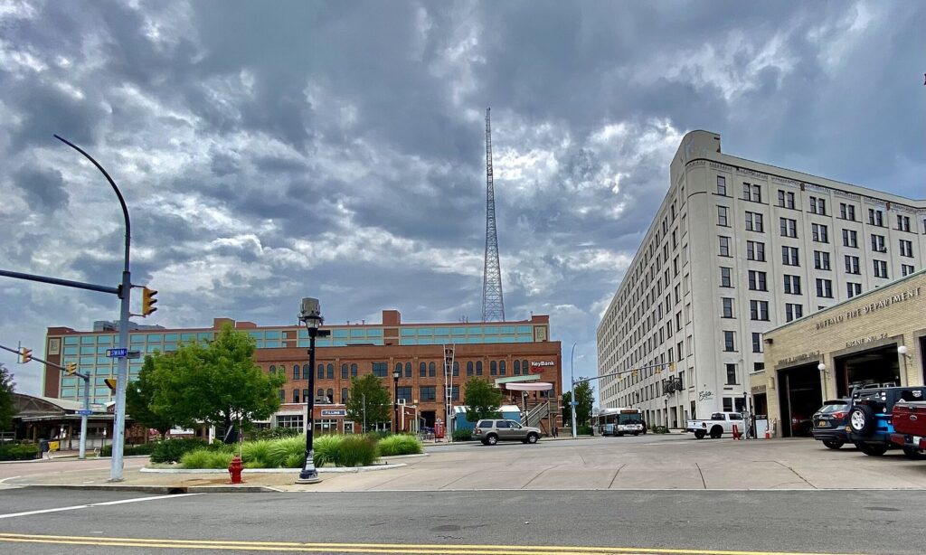 Larkin Square in Buffalo's Larkinville district, with brick buildings and the tall white Larkin Center on a summer day