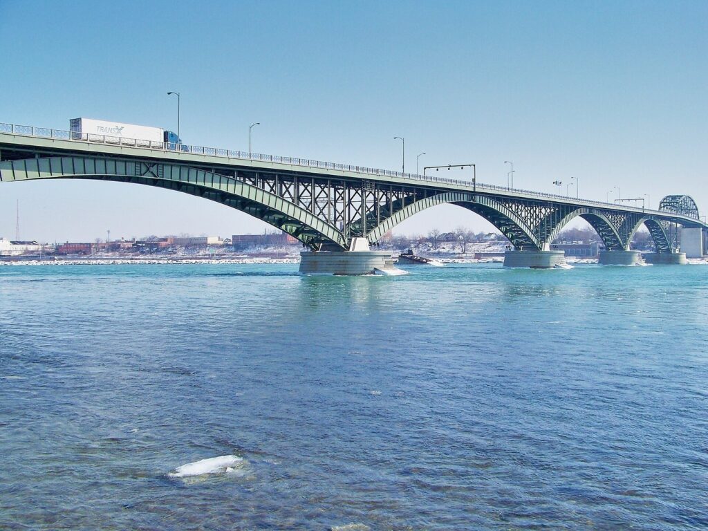 The Peace Bridge arching over the Niagara River between Buffalo and Fort Erie, Ontario