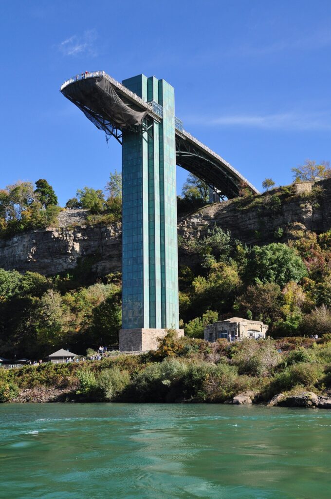 The Prospect Point Observation Tower rising from the Niagara Gorge, seen from the river below