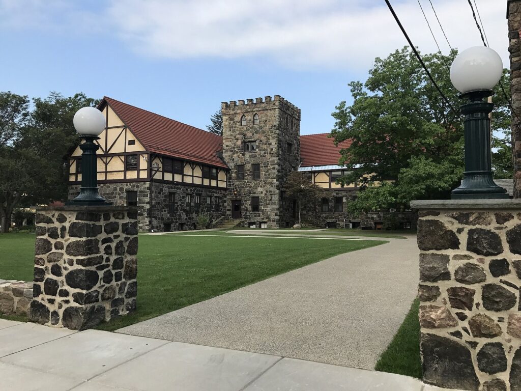 The stone and half-timbered Second Print Shop building on the Roycroft Campus in East Aurora, New York
