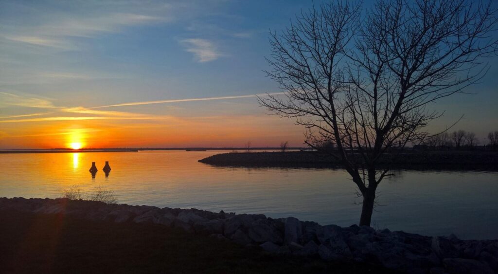 The sun setting over Lake Erie from Wilkeson Pointe on Buffalo's Outer Harbor, with a bare tree in silhouette