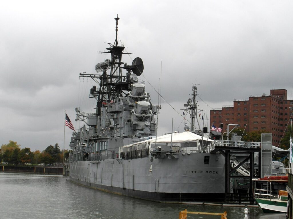 The gray guided-missile cruiser USS Little Rock moored at the Buffalo Naval and Military Park