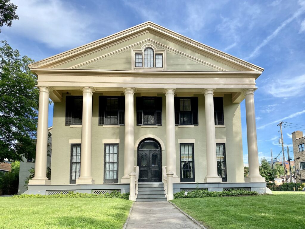 The columned front of the Wilcox Mansion, the Theodore Roosevelt Inaugural National Historic Site, on Delaware Avenue in Buffalo